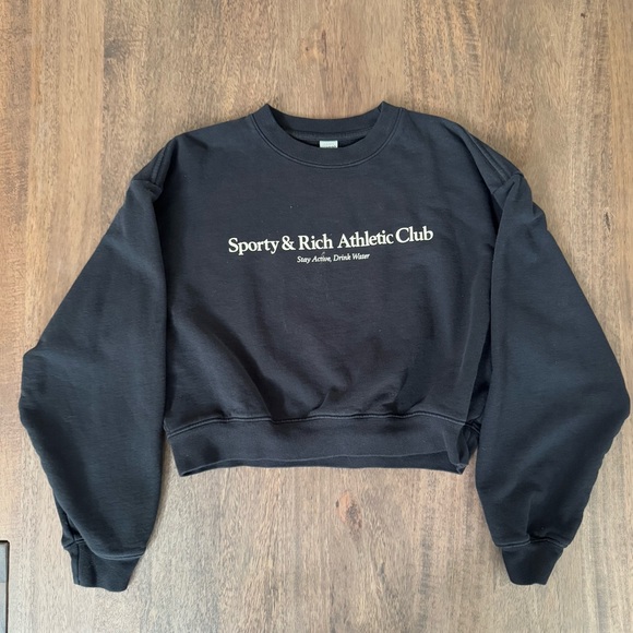 Sporty & Rich Athletic Club Cropped Crewneck Sweatshirt in Black - Picture 1 of 6